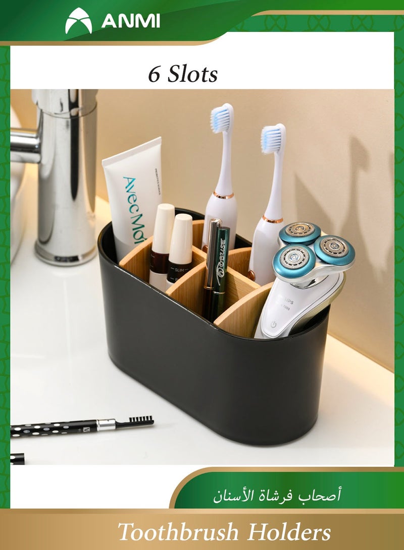 Anmi Toothbrush Holders for Bathrooms, Bamboo Tooth Brush Holder with 6 Slots, Bathroom Vanity Organizer Countertop for Electric Toothbrushes, Toothpaste, Razors - Black - Image 1
